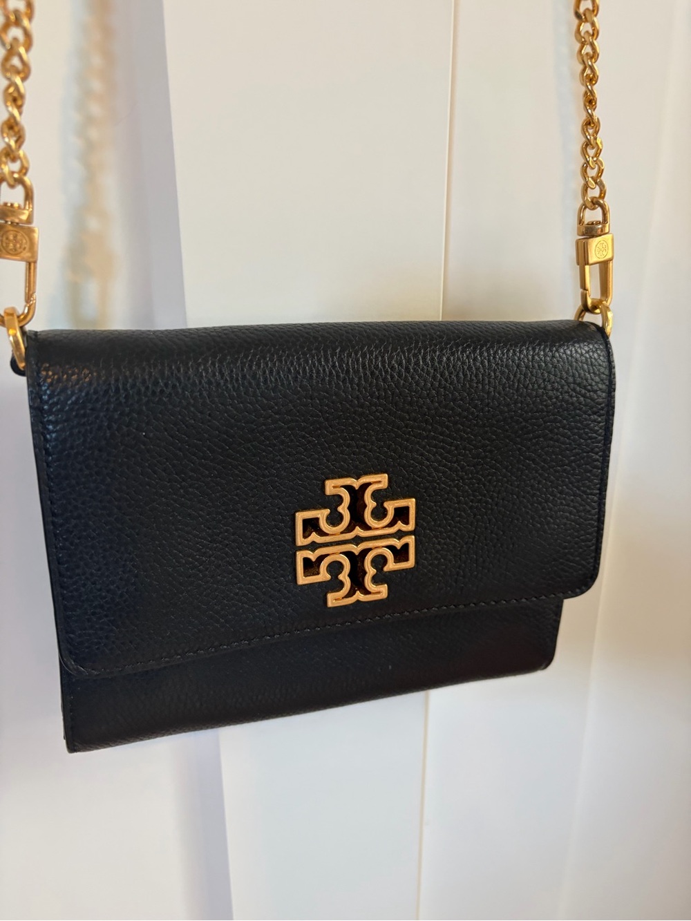 Tory Burch Black Leather Crossbody with Gold Logo and Chain